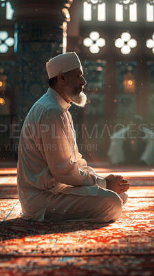 Buy stock photo Man, sitting or praying in mosque for Islam or faith, worship in temple with praise. Male person, prayer or dua on floor with spiritual for Allah, hope or connection to heaven through Ramadan or Eid