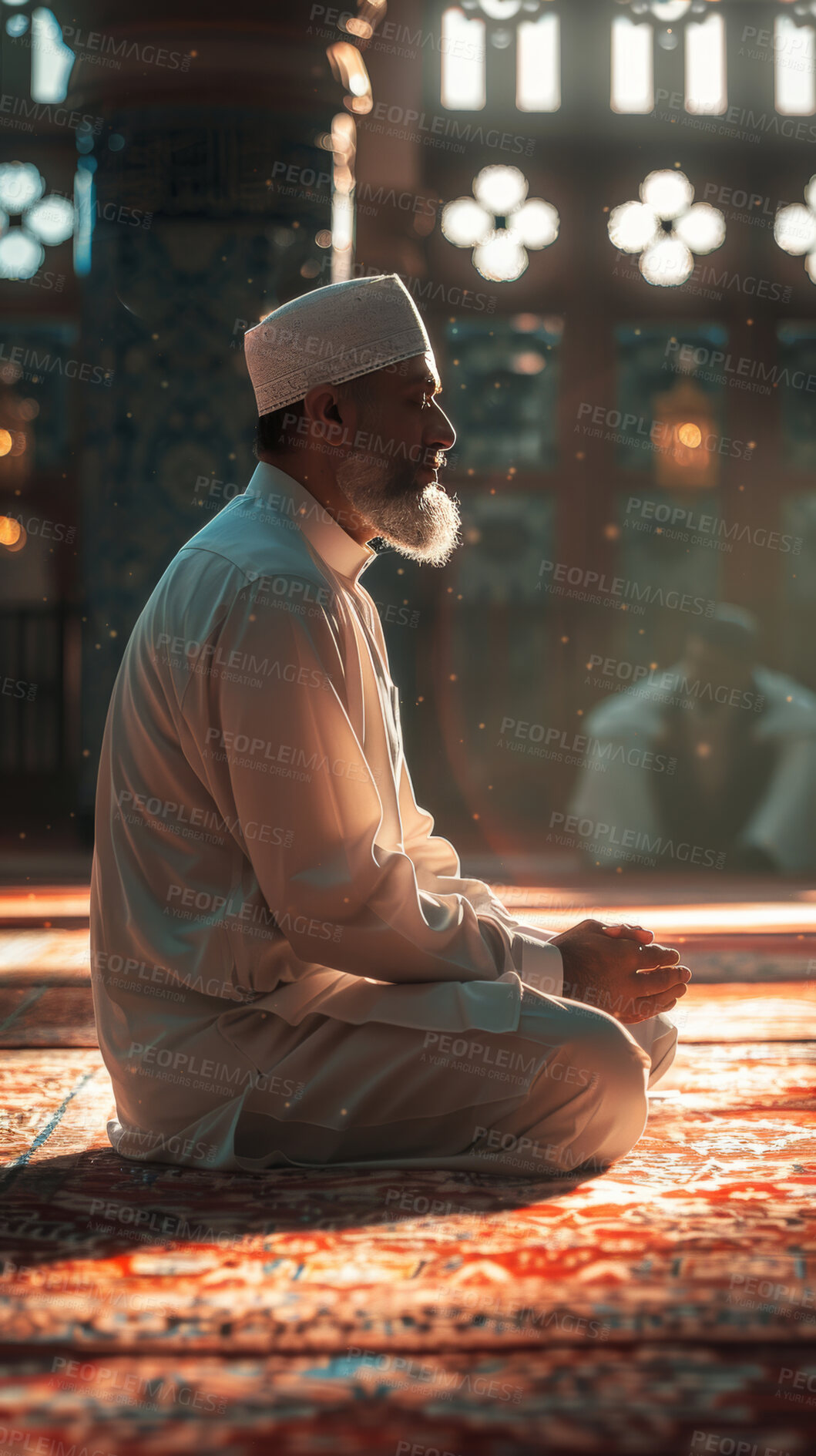 Buy stock photo Man, sitting or praying in mosque for Islam or faith, worship in temple with praise. Male person, prayer or dua on floor with spiritual for Allah, hope or connection to heaven through Ramadan or Eid