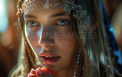 Buy stock photo Face, ancient and woman with veil for wedding as bride, wife and commitment for marriage. Female person, princess, and religion or culture on traditional attire to worship, honor and trust or hope