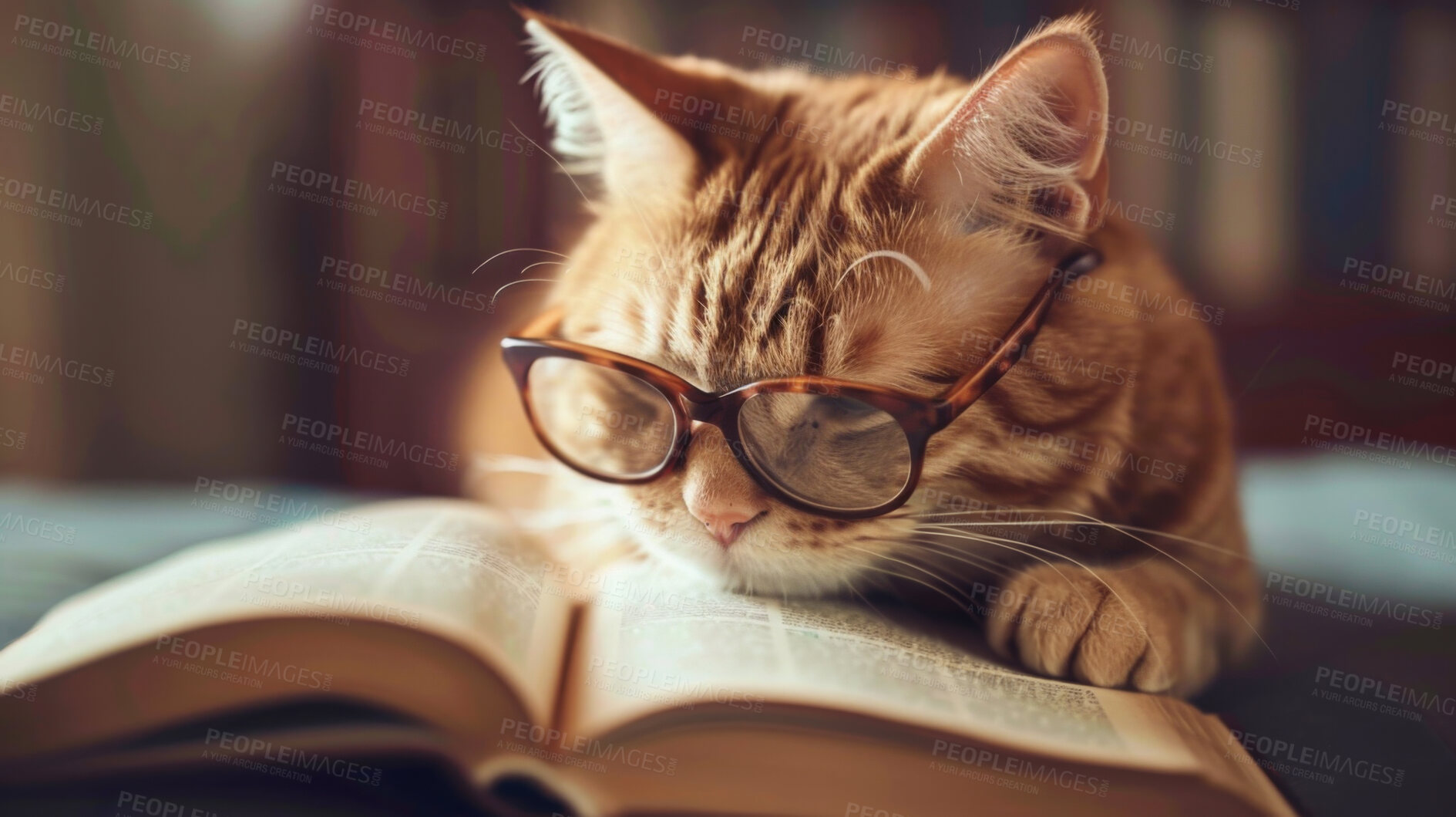 Buy stock photo Reading, glasses or book by cat in house for curious, intelligence or expert in kitty knowledge or literature. Pet, eye care or specs for kitten study, education or check library behavior compliance