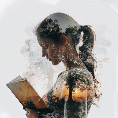 Overlay, woman and reading book with education, knowledge and information with hobby. Person, reader and girl with double exposure, inspiration and imagine with creativity, novel and literature