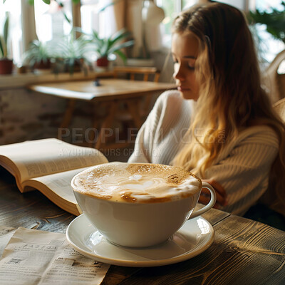 Coffee, book and woman in cafe for reading story with relax, morning and weekend activity. Cappuccino, gen z female student and fiction in restaurant with studying for test, education and knowledge