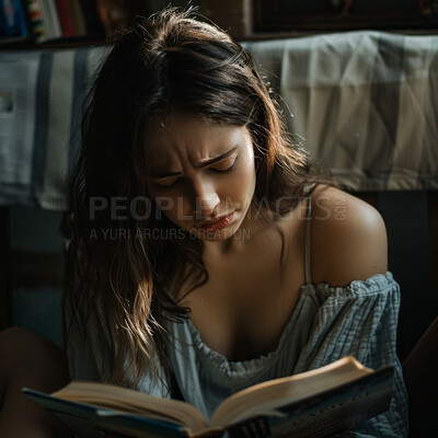Woman, reading and book or sad in home for emotional literature with creative story, english or worry. Female person, apartment and knowledge in library with research information, upset or unhappy