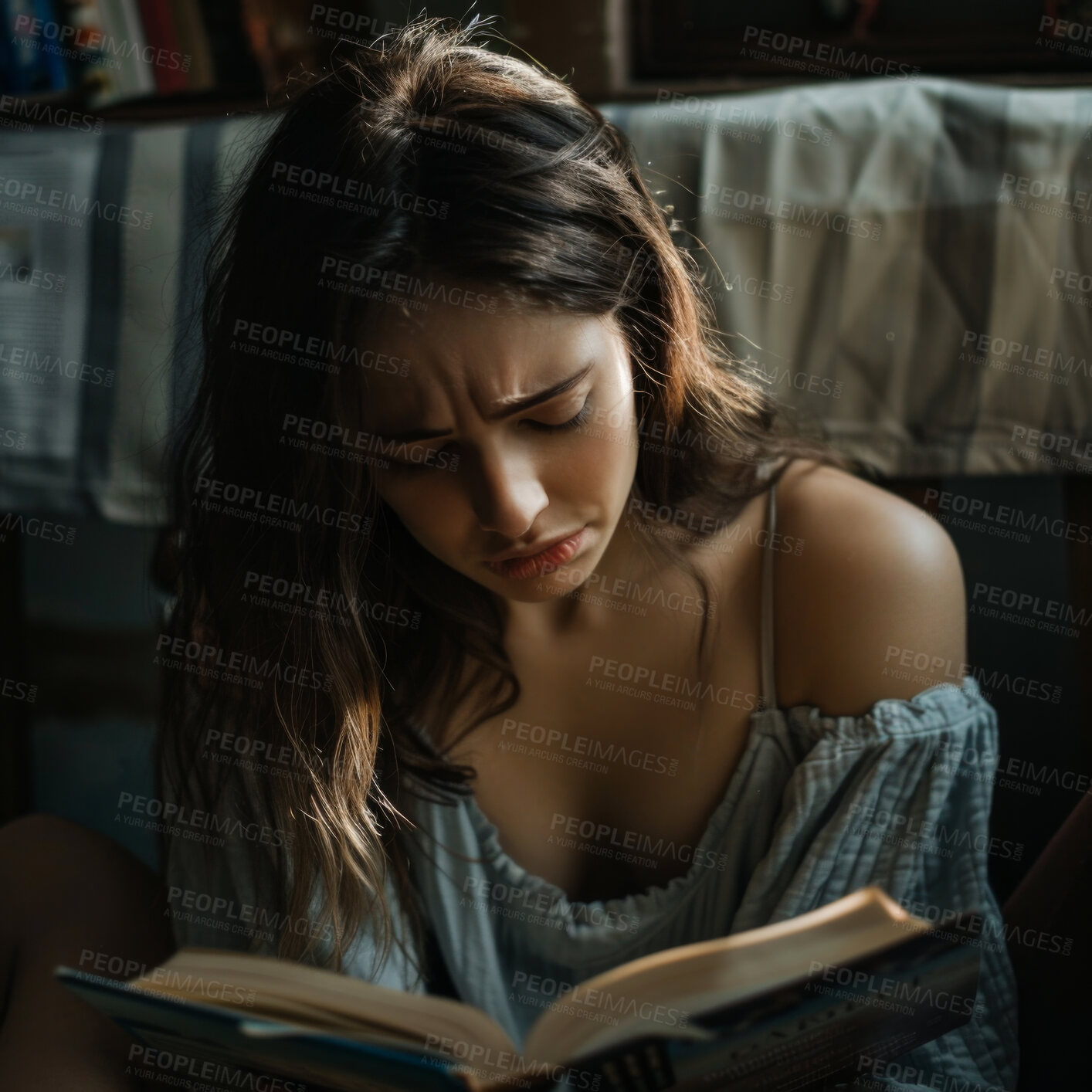 Buy stock photo Woman, reading and book or sad in home for emotional literature with creative story, english or worry. Female person, apartment and knowledge in library with research information, upset or unhappy