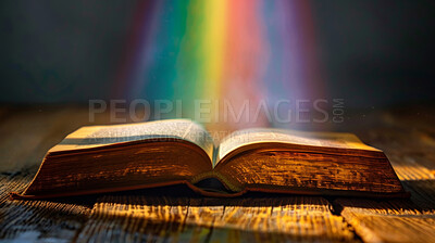 Book, rainbow and story fantasy or magic literature for english fiction or novel, reading or wallpaper. Background, library and light for learning intelligence or research paper, study or knowledge