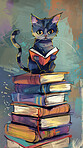 Cat, illustration and fantasy or reading book, animation and library for study and education learning. Storytelling, knowledge and children genre or fiction, literature and novel for imagination