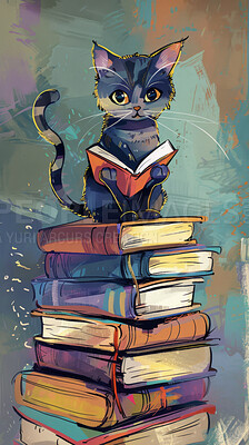 Cat, illustration and fantasy or reading book, animation and library for study and education learning. Storytelling, knowledge and children genre or fiction, literature and novel for imagination