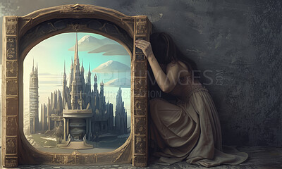 Girl, castle view and window drawing for fantasy, illustration and hiding by mockup space. Female person, scared princess and fear for throne or kingdom, creative and royal medieval art in scenery