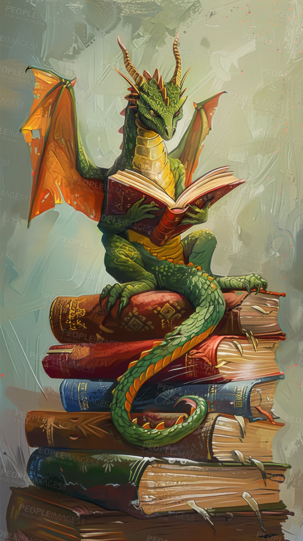 Buy stock photo Dragon, illustration and fantasy or reading book, animation and library for study and education learning. Storytelling, knowledge and children genre or fiction, literature and novel for imagination