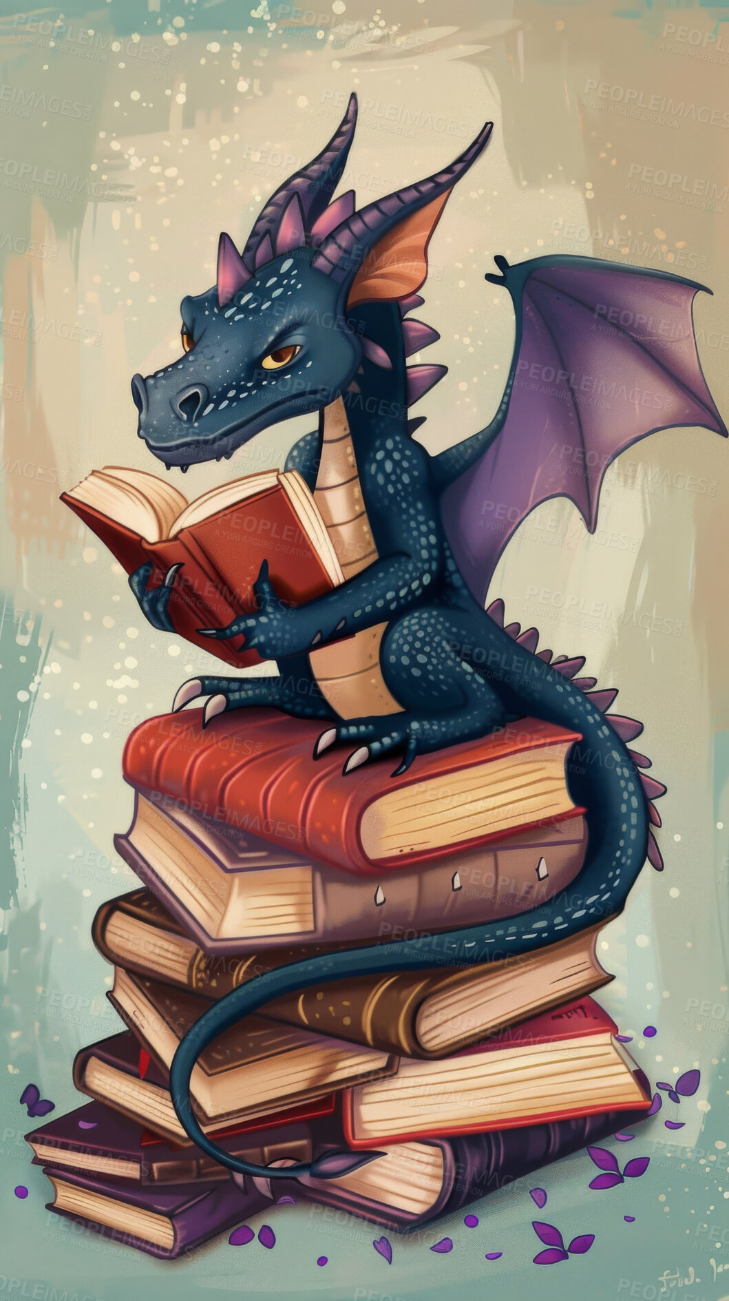 Buy stock photo Dragon, illustration and fantasy or read book, education and library for study and development learning. Storytelling, knowledge and children genre or fiction, literature and novel for imagination