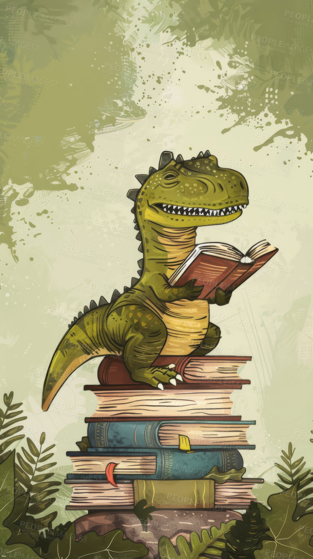 Buy stock photo Dinosaur, illustration and fantasy or reading book, animation and library for study and education learning. Storytelling, knowledge and children genre or fiction, literature and novel for imagination