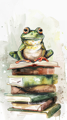 Frog, drawing and pile of books for learning, creative and illustration for education. Stack, textbooks and journals for study or zoology knowledge, information and preschool fiction novel or story