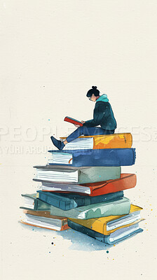Woman, cartoon and illustration with pile of books for reading, learning or knowledge on background. Vector graphic, female person or student on stack of textbooks in literature, study or development