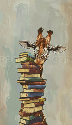 Giraffe, world book day and poster for reading promotion, education and knowledge with cartoon. Animation, animal and creature with literature, novels and text for understanding, creative and inspire