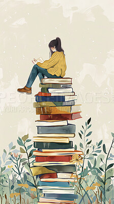 Woman, cartoon and illustration with stack of books for reading, learning or knowledge on background. Vector graphic, female person or student on pile of textbooks in literature, study or development