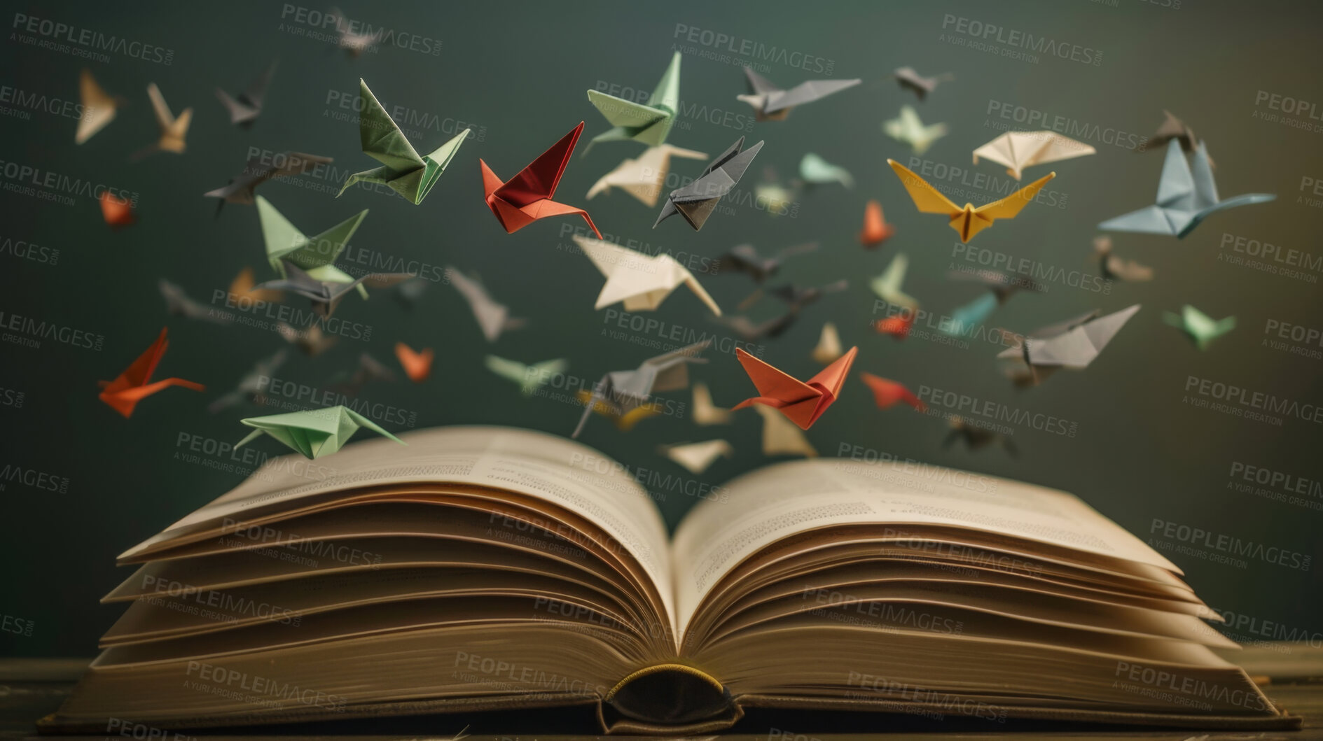 Buy stock photo Book, fantasy and learning for ideas, birds and story development in knowledge, inspiration and insight. Reading, origami and storytelling with imagination, information and creativity in education