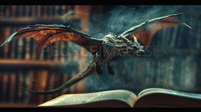 Book, dragon and science or fiction fantasy in library for creative storytelling or wallpaper, background or creature. Novel, artwork and mystical study for reading literature, imagination or magic