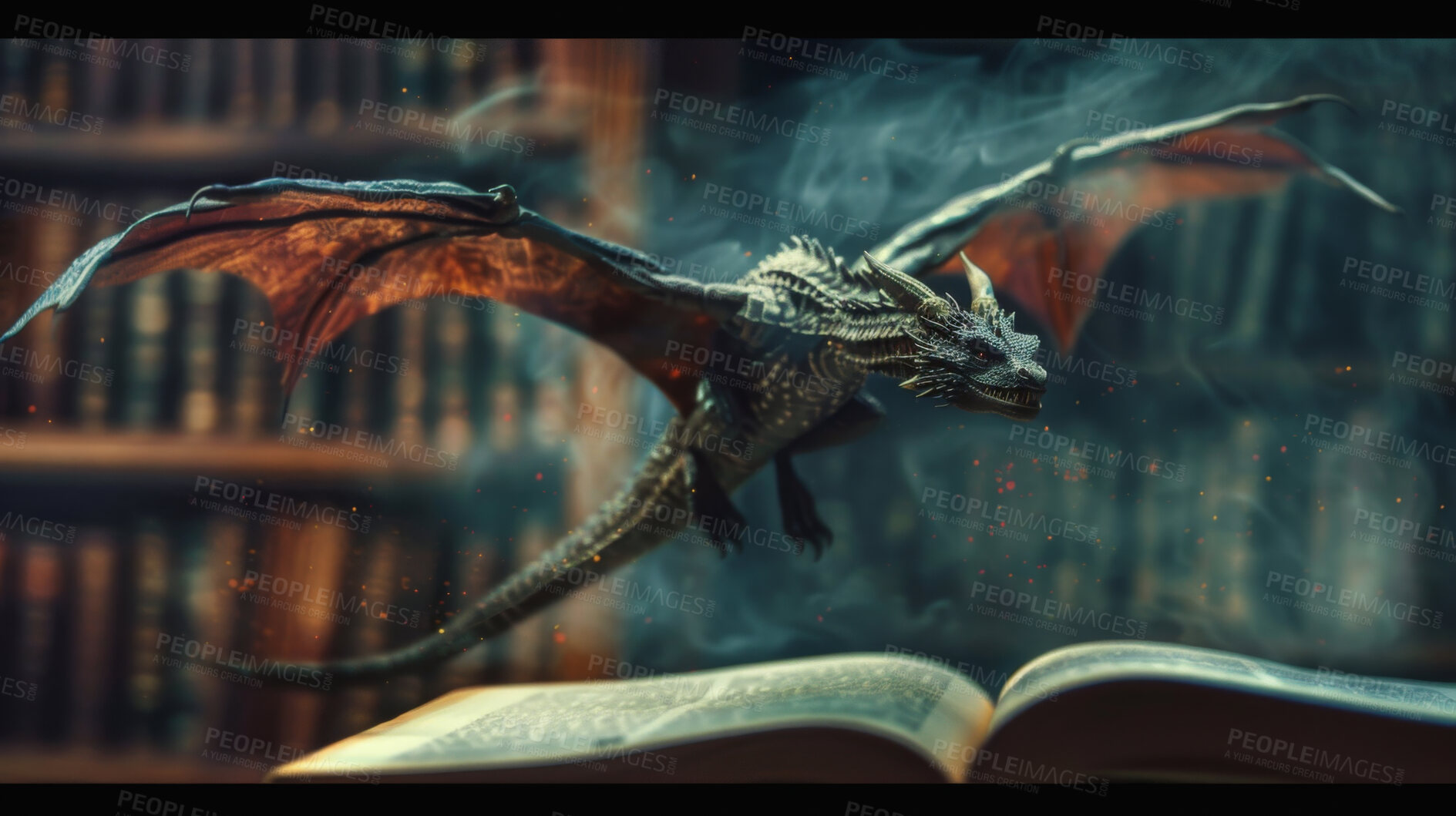 Buy stock photo Book, dragon and science or fiction fantasy in library for creative storytelling or wallpaper, background or creature. Novel, artwork and mystical study for reading literature, imagination or magic