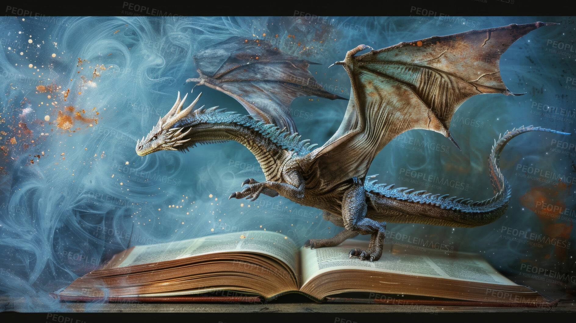 Buy stock photo Book, dragon and fantasy magic in story, fiction novel and literature or creative art to imagine. Mythical creature, learn and interesting language for adventure, writer journal and history textbook