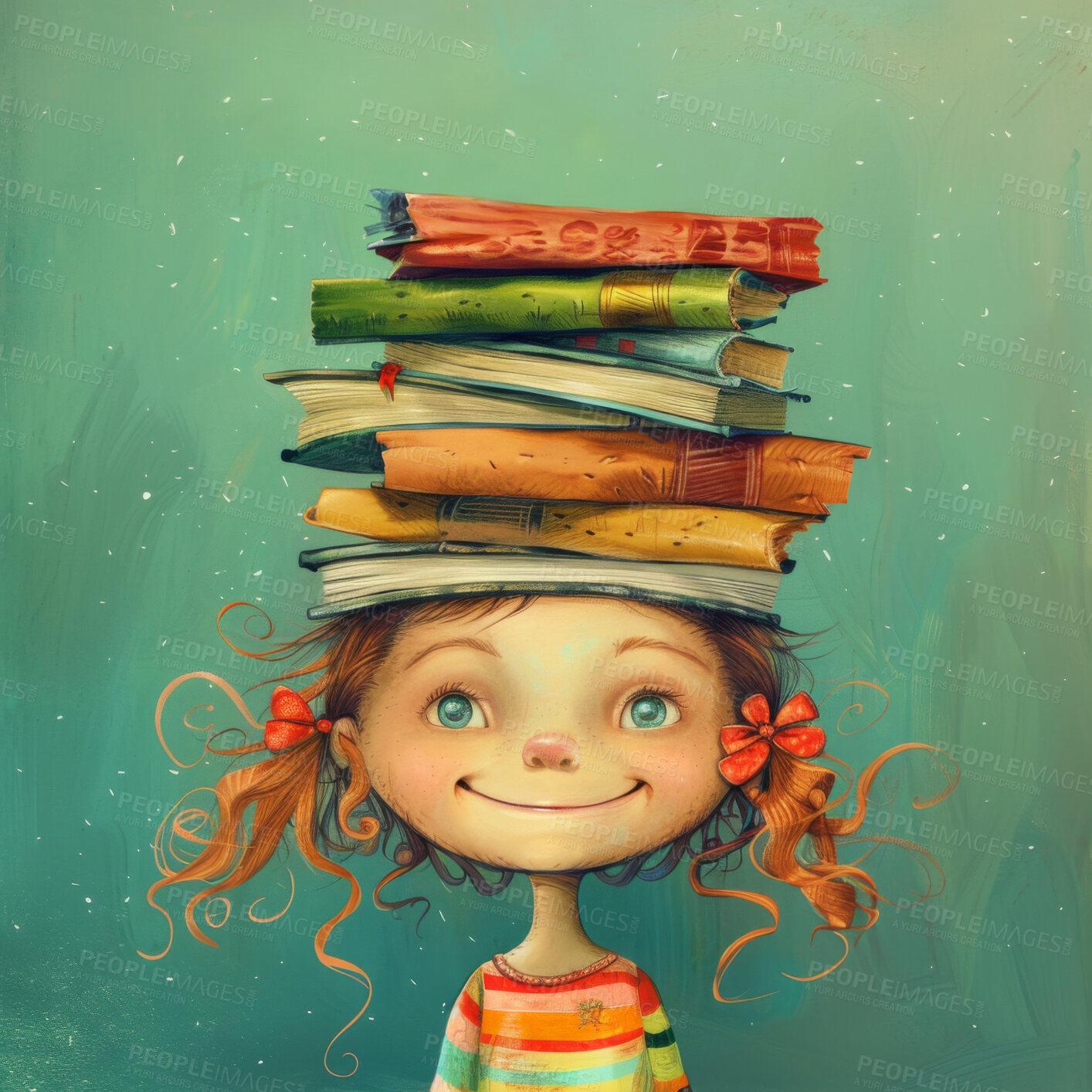 Buy stock photo Happy girl, books and pile with colorful illustration for knowledge, learning or education on green background. Cartoon or graphic of little child, female person or kid with smile for novel or study