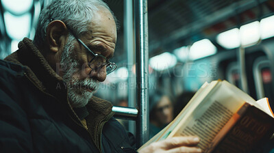 Train, travel and old man reading a book, novel and literature with adventure, hobby and journey. Pensioner, transportation and senior guy with memoir, commute or relax with inspiration or knowledge