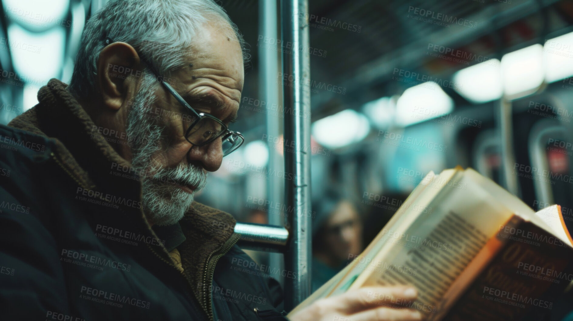 Buy stock photo Train, travel and old man reading a book, novel and literature with adventure, hobby and journey. Pensioner, transportation and senior guy with memoir, commute or relax with inspiration or knowledge