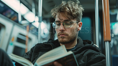 Man, train and reading with book for knowledge, story or literature in travel to subway station. Young male person or nerd with novel for information or learning language in commute or immigration