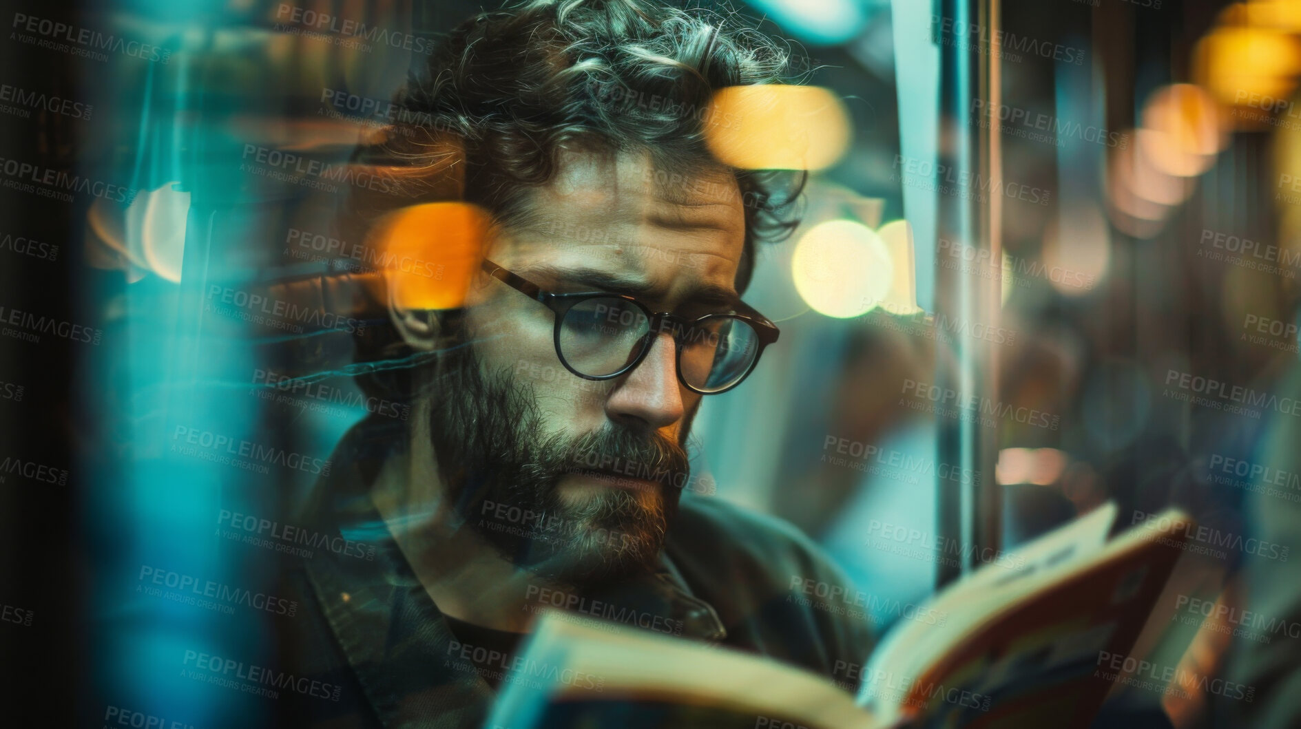 Buy stock photo Man, train and reading with book at night for knowledge, story or literature in travel to subway station. Male person and novel for information, evening or learning language in commute or immigration