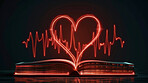 Book, heart and hologram with pattern for healthcare, study or medical knowledge on a dark studio background. Notebook or novel with shape, 3D or vital sign of pulse for information on cardiology