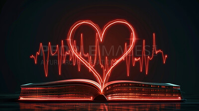 Book, heart and hologram with pattern for healthcare, study or medical knowledge on a dark studio background. Notebook or novel with shape, 3D or vital sign of pulse for information on cardiology