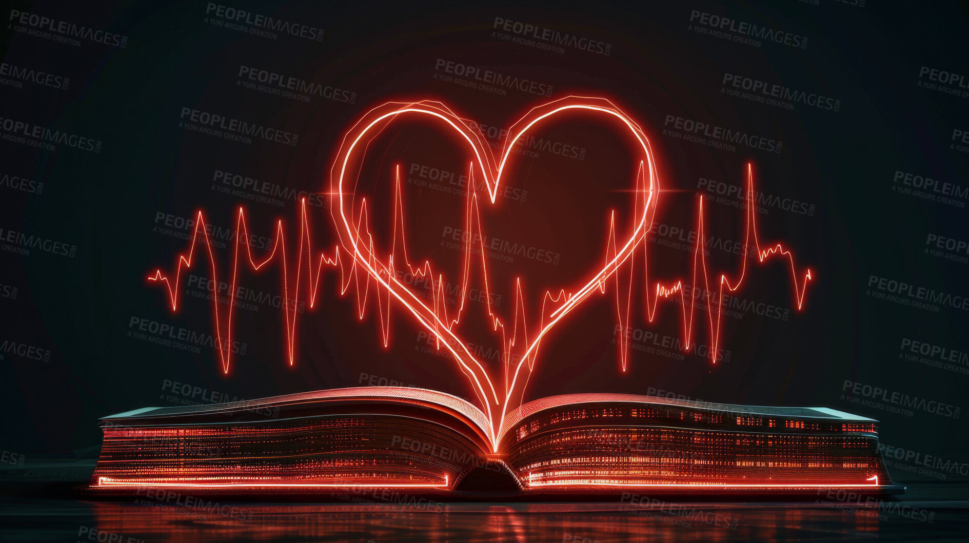 Buy stock photo Book, heart and hologram with pattern for healthcare, study or medical knowledge on a dark studio background. Notebook or novel with shape, 3D or vital sign of pulse for information on cardiology