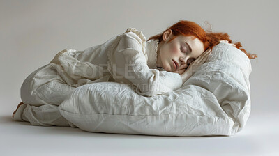 Victorian, woman sleeping and studio with gothic, fantasy and fairytale with vintage style and nap. Princess, eternal rest and tired royal with duvet and dreaming with red hair and elegance of girl