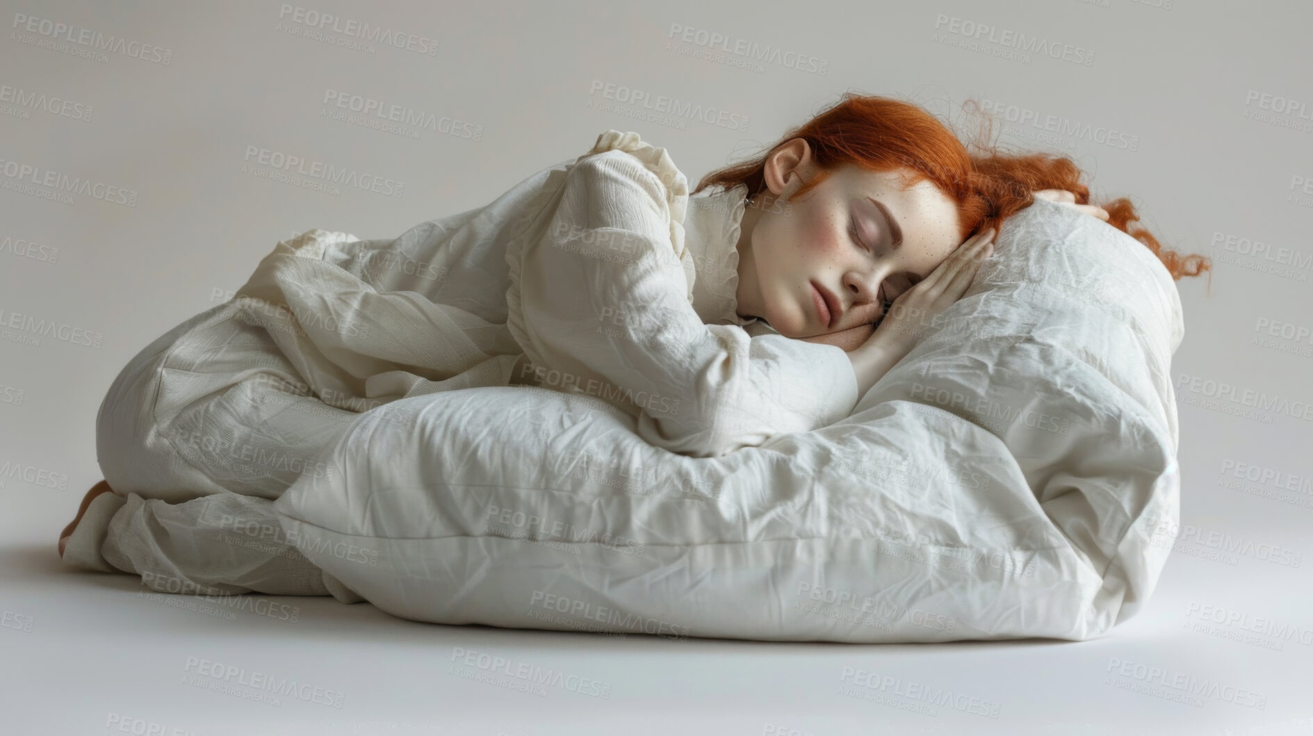 Buy stock photo Victorian, woman sleeping and studio with gothic, fantasy and fairytale with vintage style and nap. Princess, eternal rest and tired royal with duvet and dreaming with red hair and elegance of girl