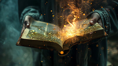 Book, fantasy and hands of person with magic story, imagination and knowledge for inspiration in novel. Reading, light flame and storytelling with adventure, literature and creative dream culture