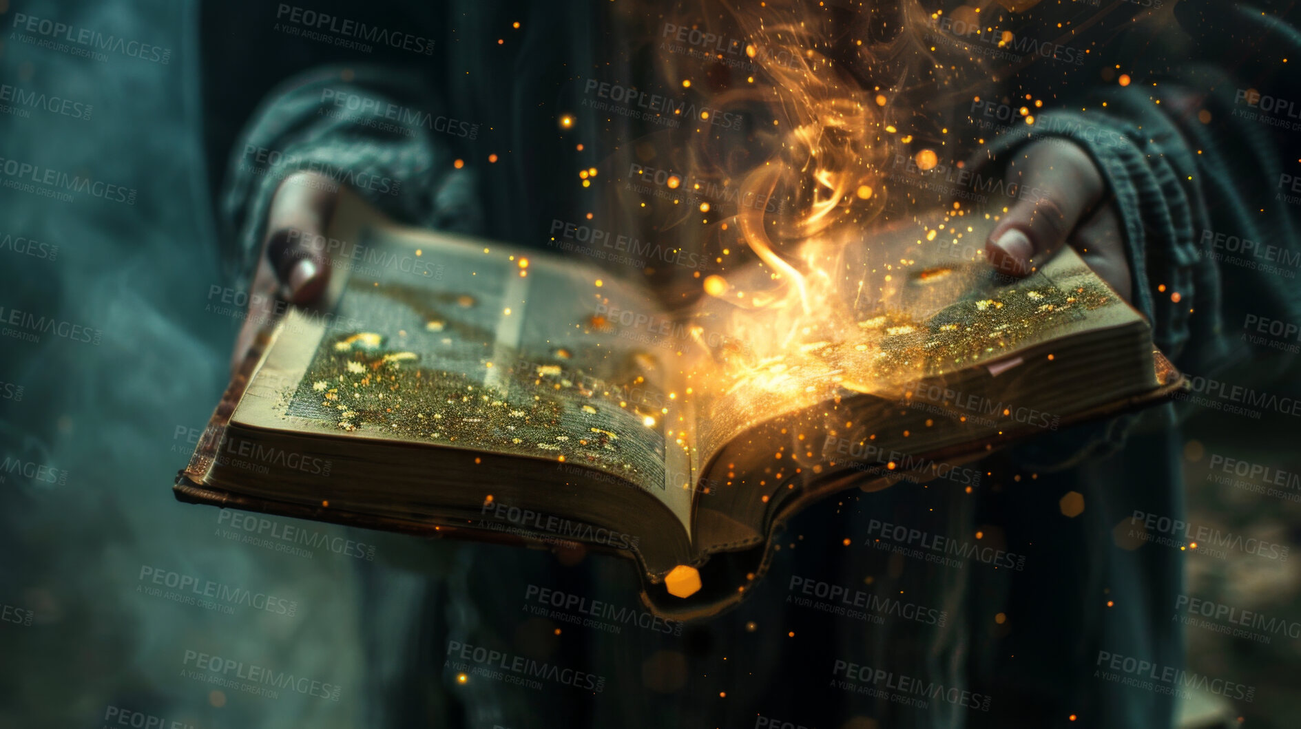 Buy stock photo Book, fantasy and hands of person with magic story, imagination and knowledge for inspiration in novel. Reading, light glow and storytelling with adventure, literature and creative dream culture