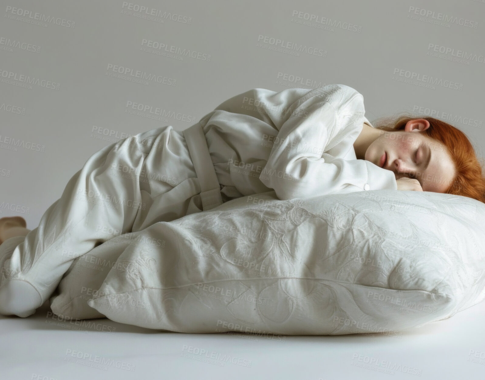 Buy stock photo Home, pillow and sleeping with woman, peace and relax with insomnia, tired and exhausted. Person, bed or girl with continental cushion, night or break in house, fatigue or dreaming with stress relief