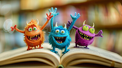 Book, fantasy and happy monster in library for imagination, adventure or inspiration for child development. Reading, cartoon character and storytelling magic with ideas, creative growth in kids story