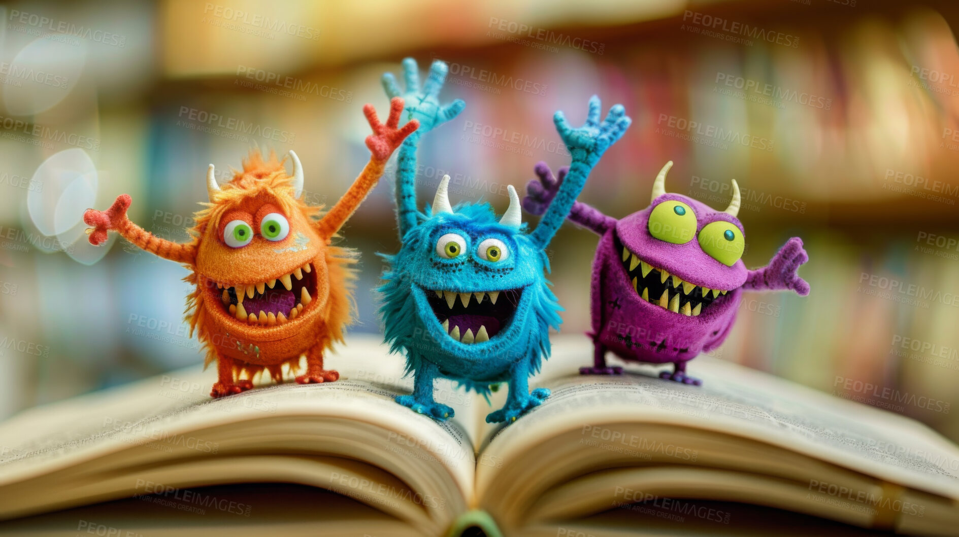 Buy stock photo Book, fantasy and happy monster in library for imagination, adventure or inspiration for child development. Reading, cartoon character and storytelling magic with ideas, creative growth in kids story