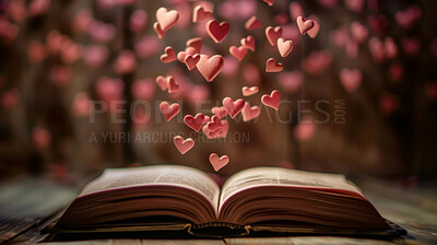 Abstract background, floating and book for pages with love, romance and reading poetry on floor. Literature, learning and decoration for romantic story, pink color and heart icon for Valentine's Day