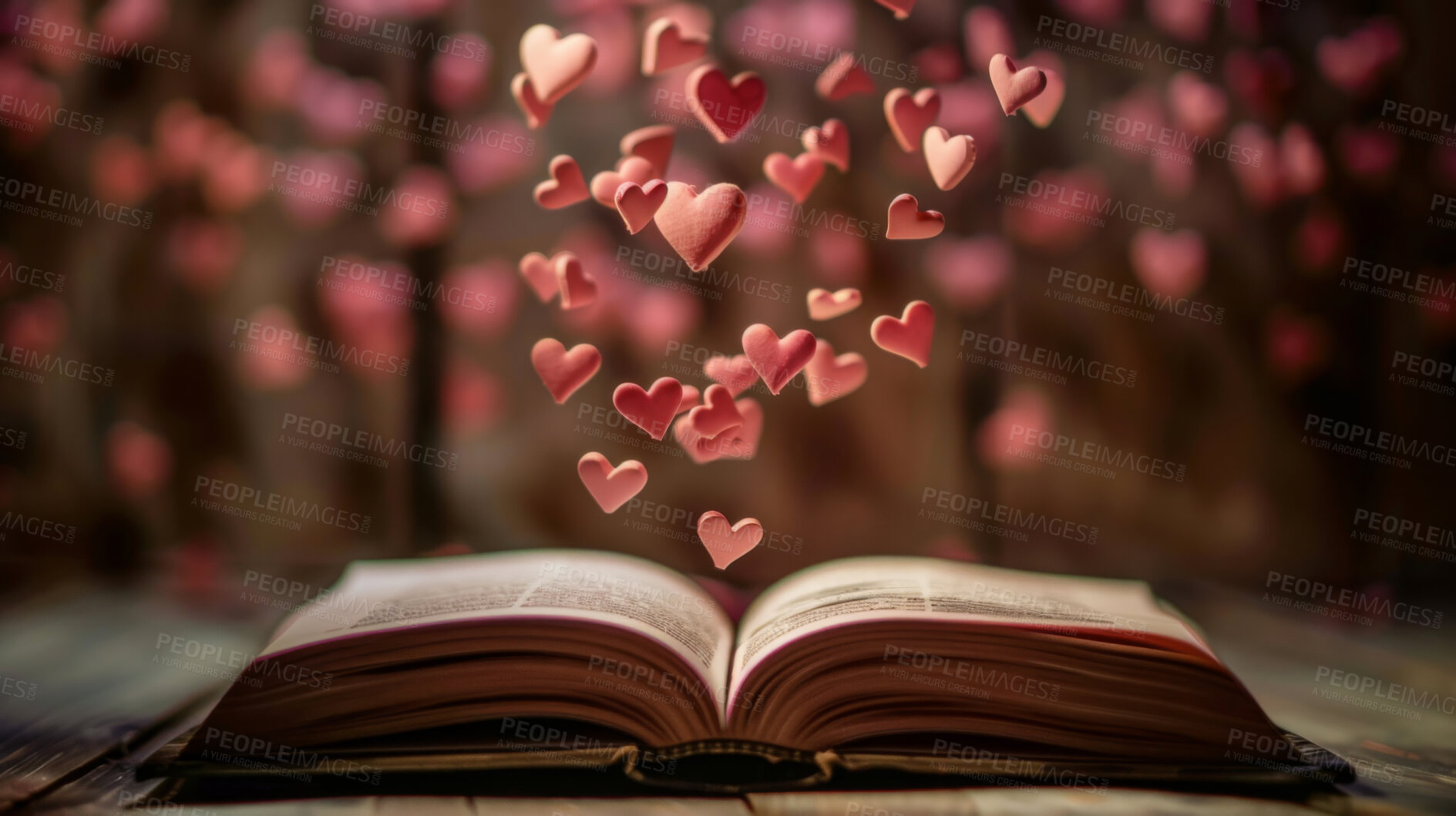 Buy stock photo Abstract background, floating and book for pages with love, romance and reading poetry on floor. Literature, learning and decoration for romantic story, pink color and heart icon for Valentine's Day