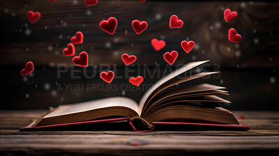 Book, fantasy and romance with love story, ideas and adventure in knowledge, inspiration and insight. Reading, culture and storytelling with imagination, information and creativity with heart emoji