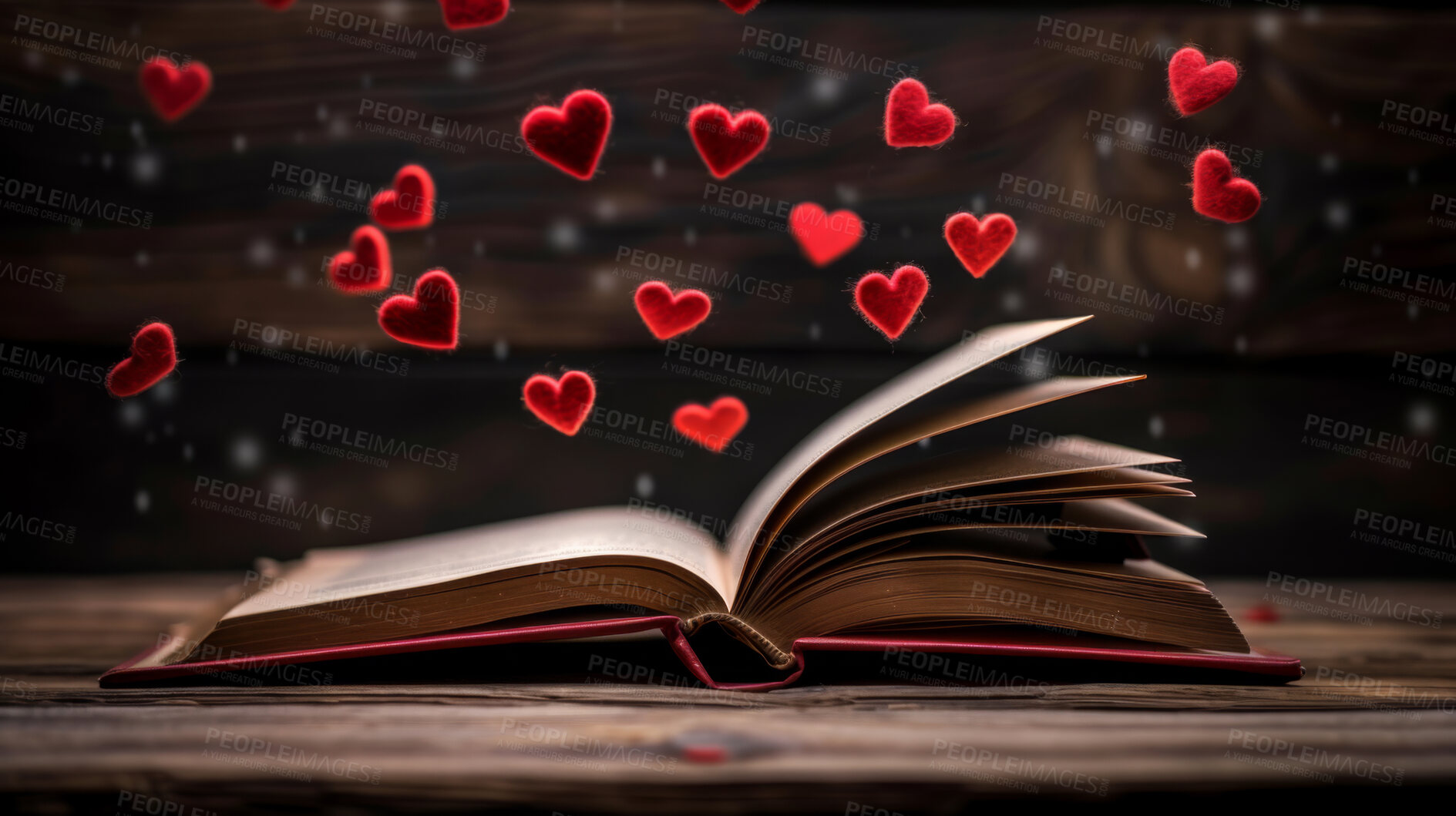 Buy stock photo Book, fantasy and romance with love story, ideas and adventure in knowledge, inspiration and insight. Reading, culture and storytelling with imagination, information and creativity with heart emoji