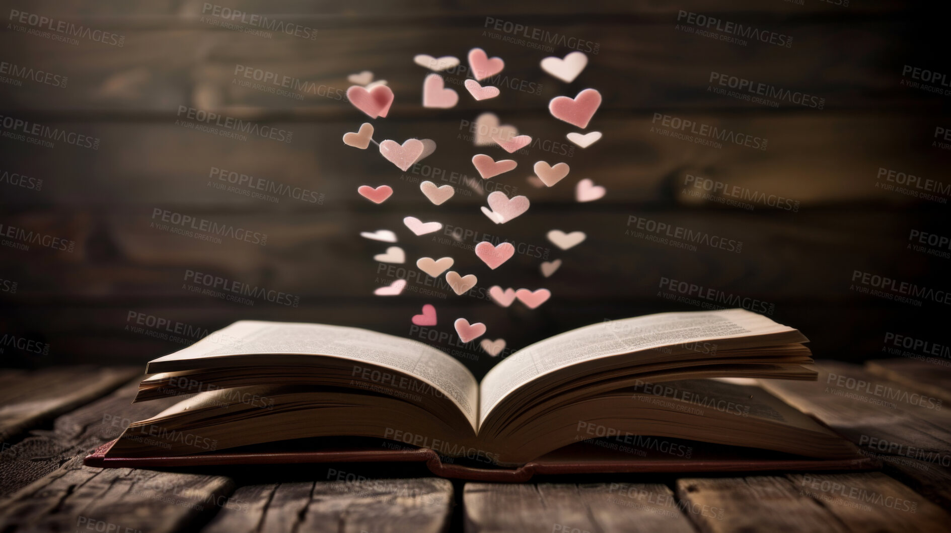 Buy stock photo Hearts, wood and open book with love for literature, knowledge or information in light on surface. Notebook, poem or novel with icons or shapes for review, vote or feedback on story or written ledger