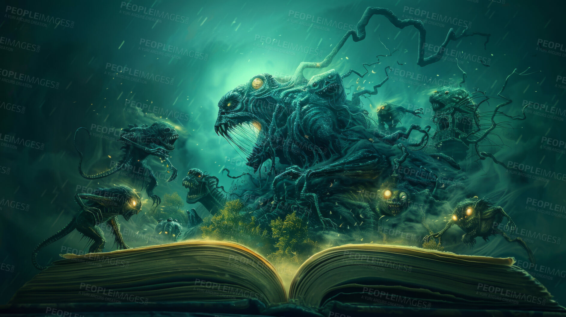 Buy stock photo Horror, book and fantasy monster story with ideas, imagination and adventure in knowledge. Reading, culture development and storytelling with alien sci fi, information and creativity with inspiration