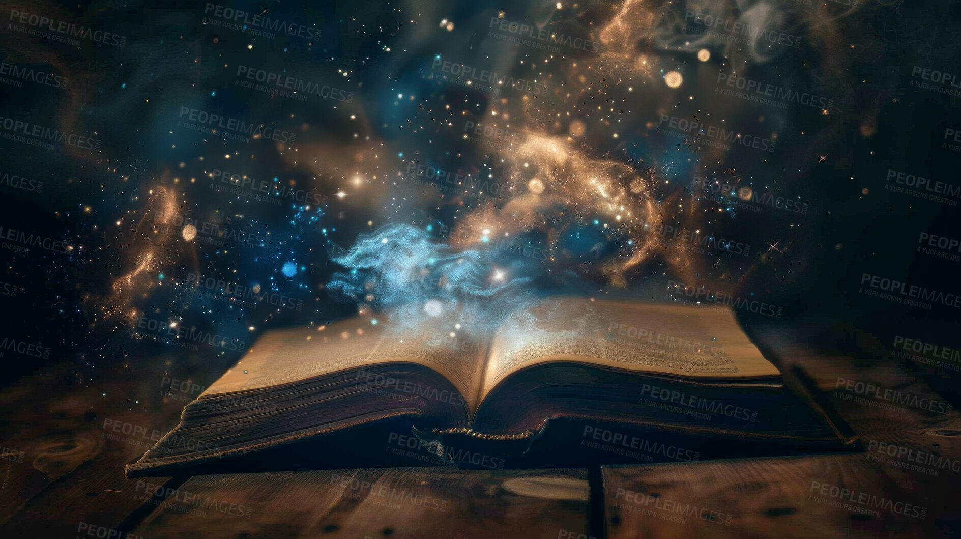 Buy stock photo Fairytale, mystery and sparkle with magic book or textbook for storytelling, mystical world and knowledge. Fantasy, star dust and novel with information for education, imagination and literature.