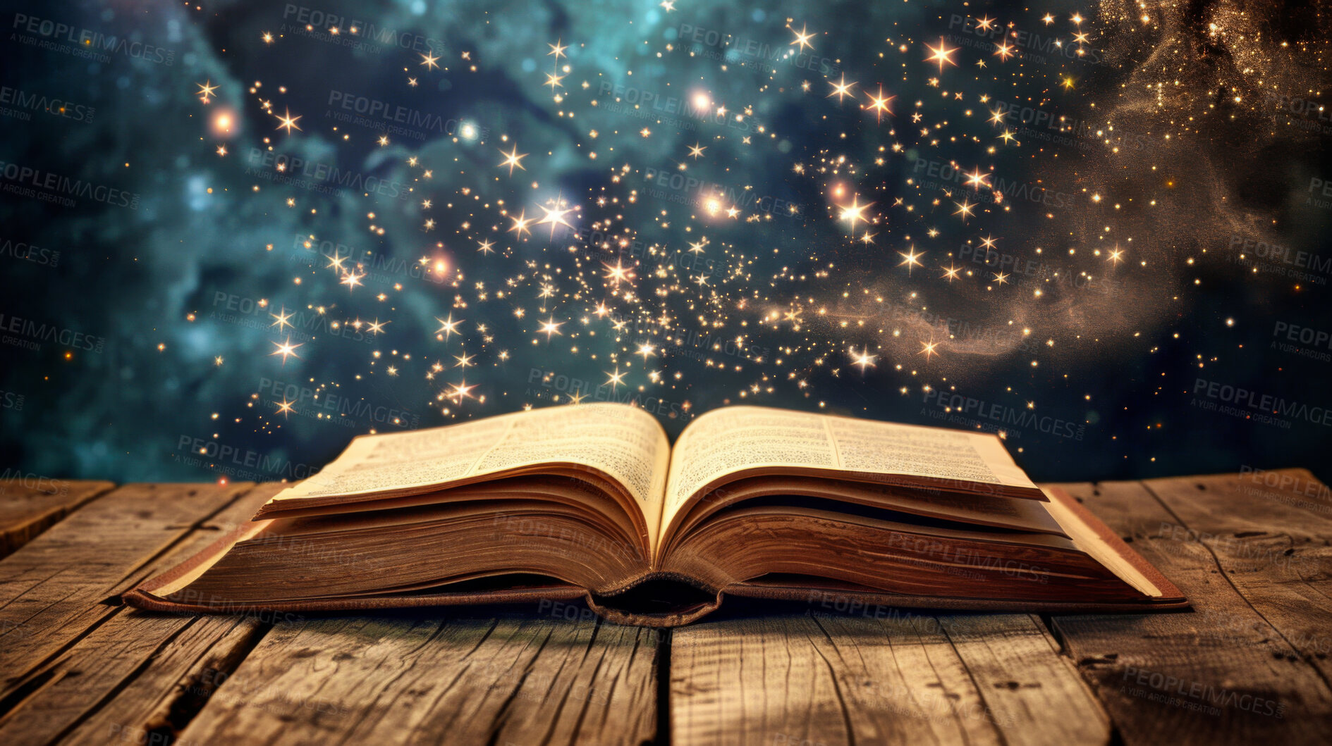 Buy stock photo Fairytale, sparkle and illustration of magic book or spellbook for enchantments for mystical world and knowledge. Fantasy genre, star dust and novel filled with wonders for dreamscape and imagination