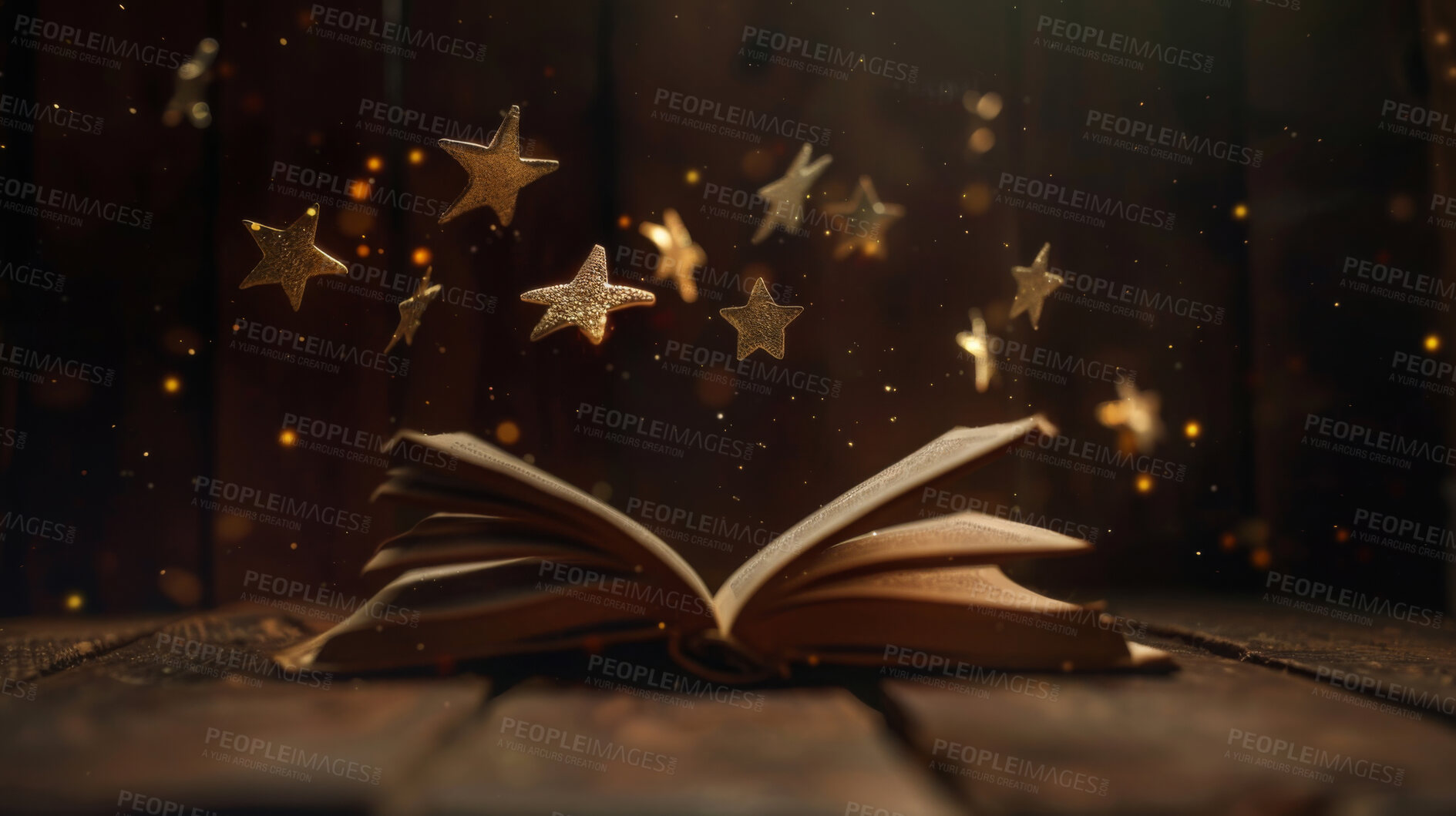 Buy stock photo Book, fantasy and stars with magic story, imagination and adventure in knowledge, inspiration and insight. Reading, wizard culture and storytelling with ideas, information or creativity in witchcraft