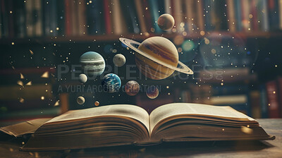 Open book, planet and space universe with stars for reading literature for constellation, cosmos or information. Words, study and novel learning with galaxy knowledge with astronomy, magic or moon