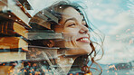 Happy woman, future and books with overlay for knowledge, education or learning in double exposure. Face of young female person with smile for novel, textbooks or dream for imagination or literature