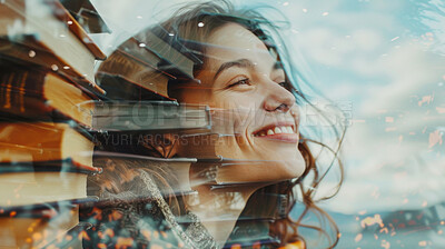 Happy woman, future and books with overlay for knowledge, education or learning in double exposure. Face of young female person with smile for novel, textbooks or dream for imagination or literature